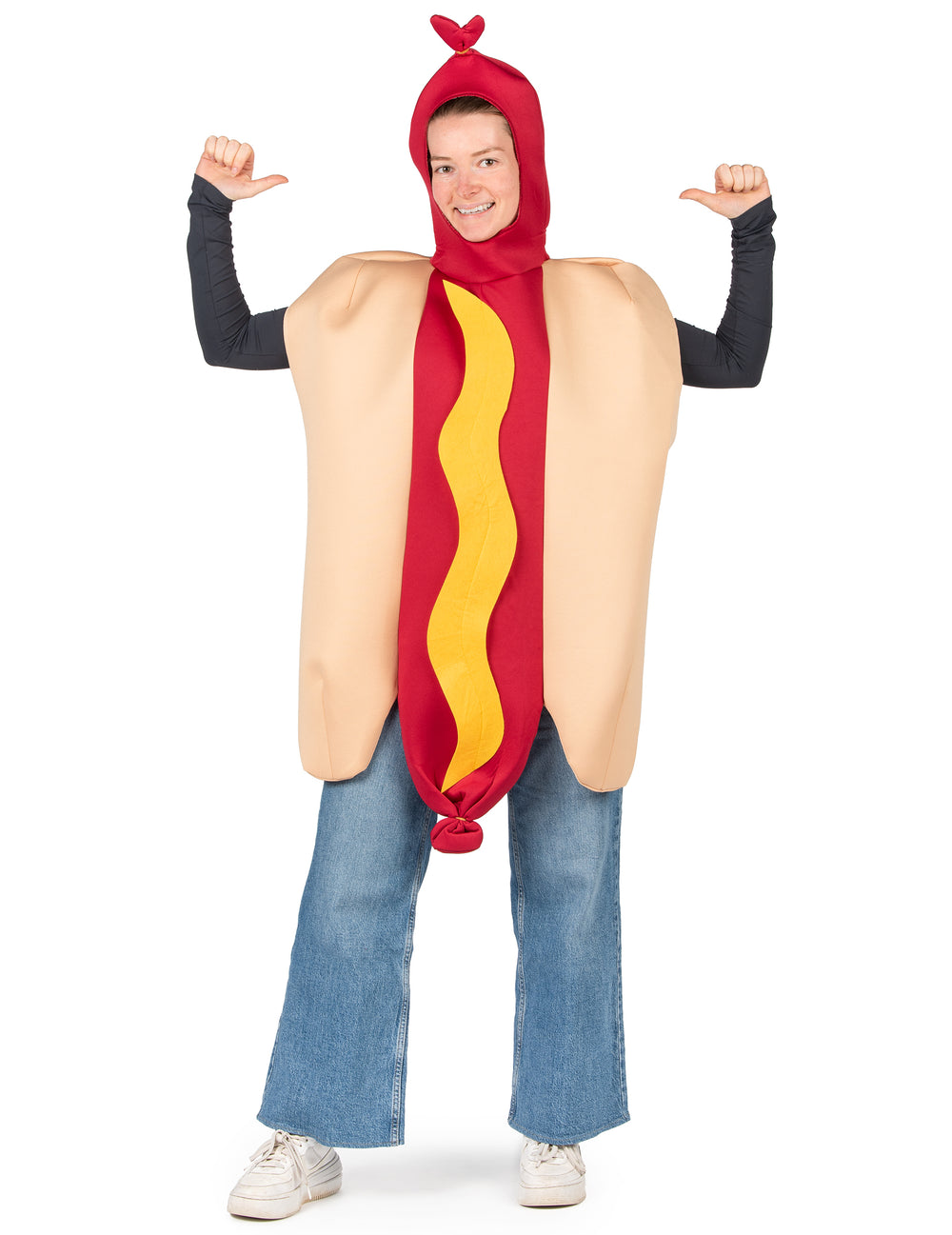Vue de face du déguisement hot dog pour adulte