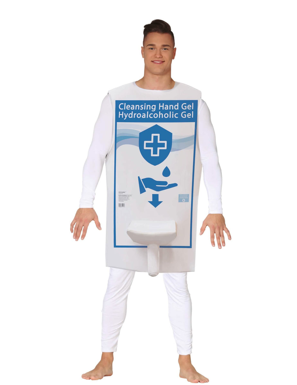 Costum umoristic de gel hidroalcoolic pentru adult alb și albastru