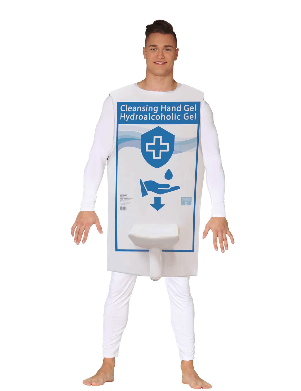 Costum umoristic de gel hidroalcoolic pentru adult alb și albastru