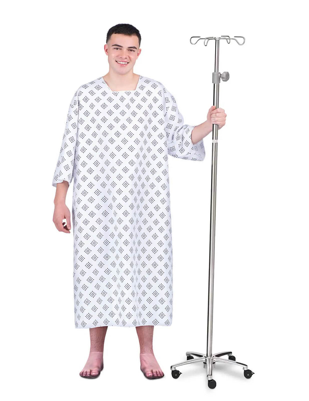 Vue de face avec porte-sérum du déguisement humoristique de patient pour adulte