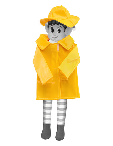 Déguisement imperméable de lutin farceur pour poupée jaune avec chapeau