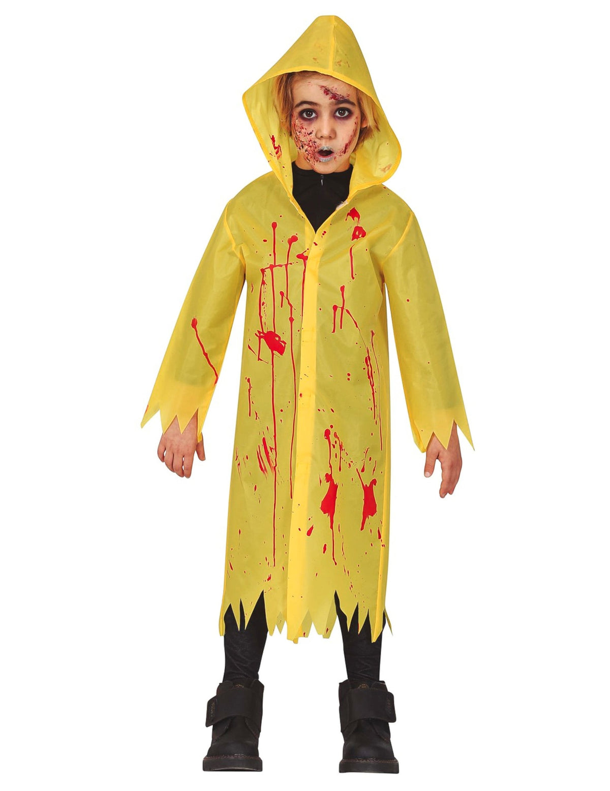 Déguisement imperméable jaune ensanglanté pour enfant avec capuche et taches de sang rouge