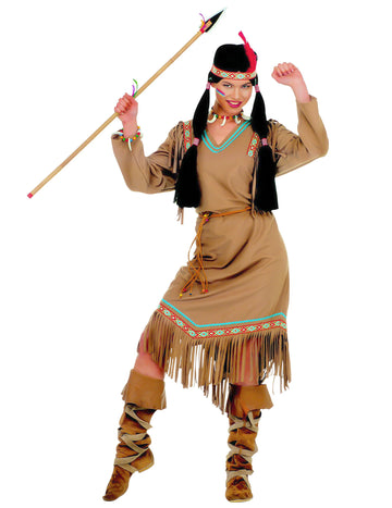 Déguisement d'indienne à manches longues pour femme marron avec franges et bandeau