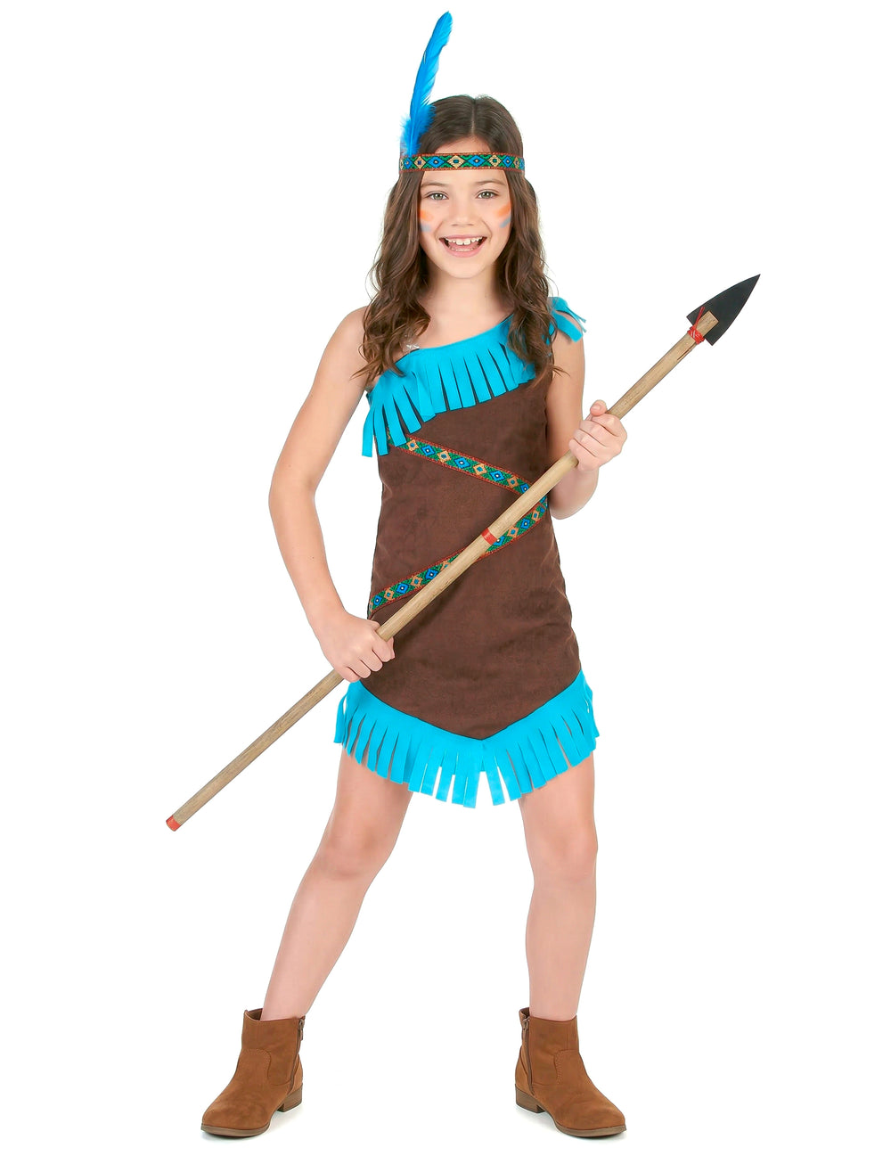 Déguisement d'indienne pour fille marron et bleu avec franges et bandeau à plume