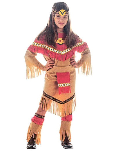Costum de indiană pentru fetițe, maro și roșu, cu franjuri și bentiță