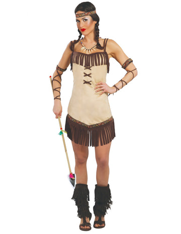 Déguisement indienne miwok pour femme beige et marron à franges