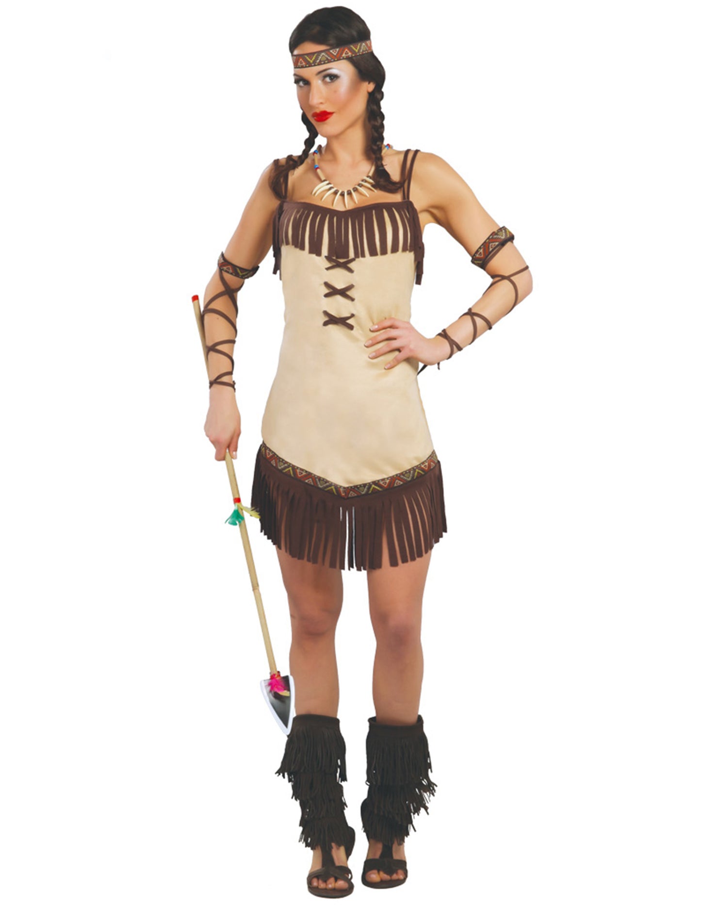 Déguisement indienne miwok pour femme beige et marron à franges