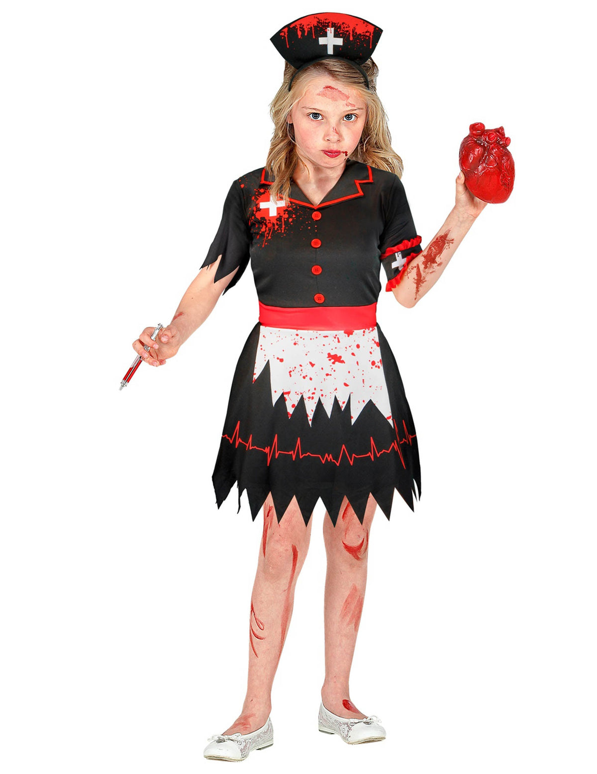 Accessoires coeur et seringue du déguisement d'infirmière zombie