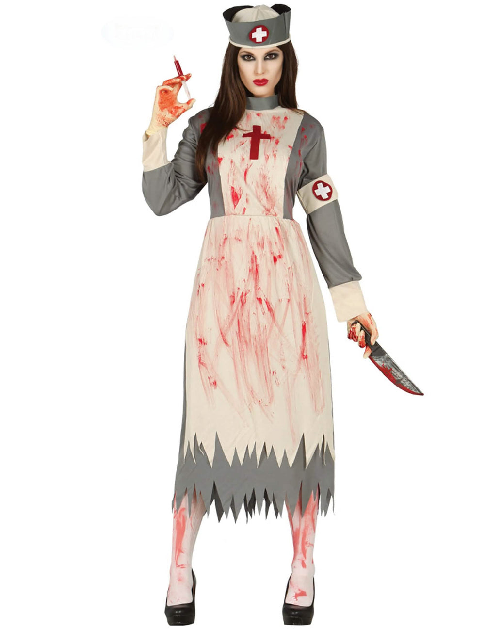 Costum de infirmieră retro zombi pentru femeie gri și alb însângerat