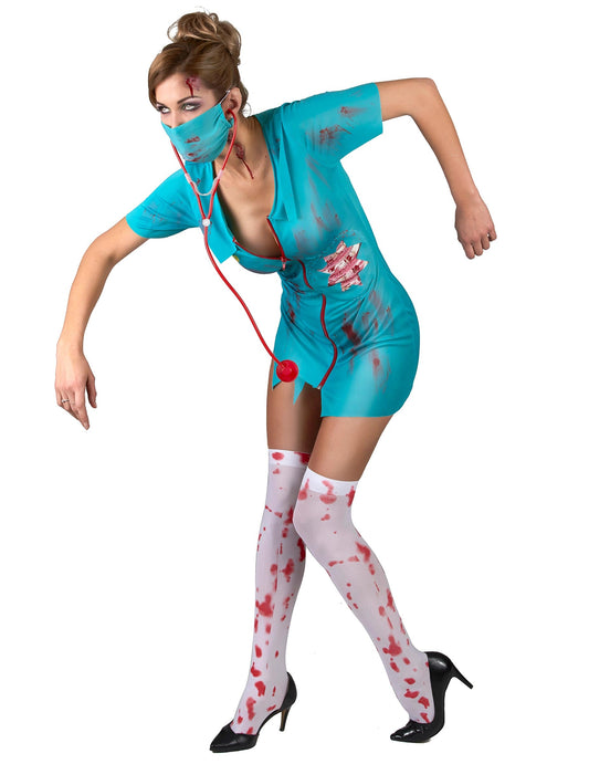 Vue de face en mouvement du déguisement infirmière zombie pour femme