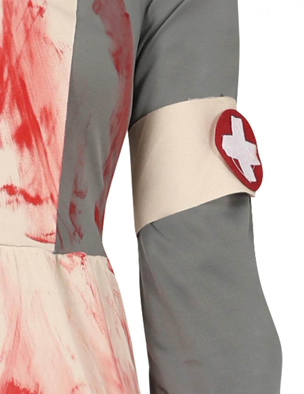 Détail du brassard et des taches de sang du déguisement d'infirmière zombie pour adolescente