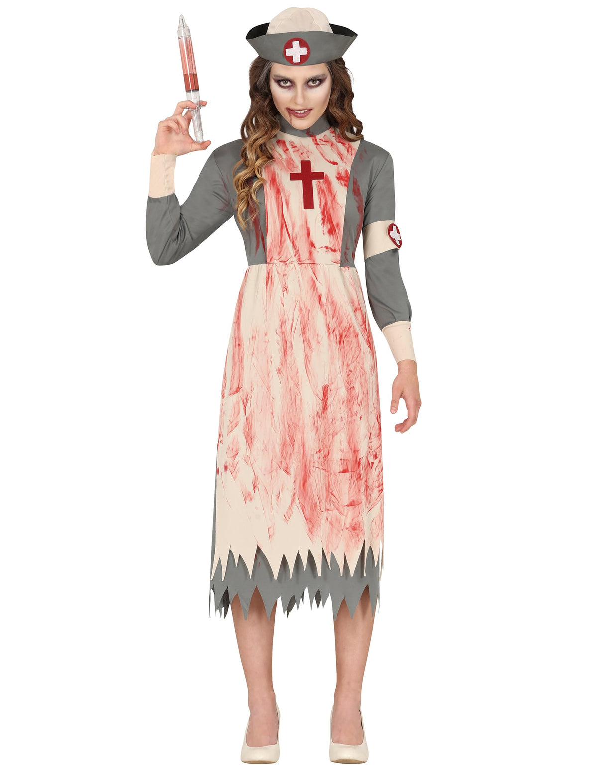 Déguisement d'infirmière zombie pour adolescente gris et beige ensanglanté