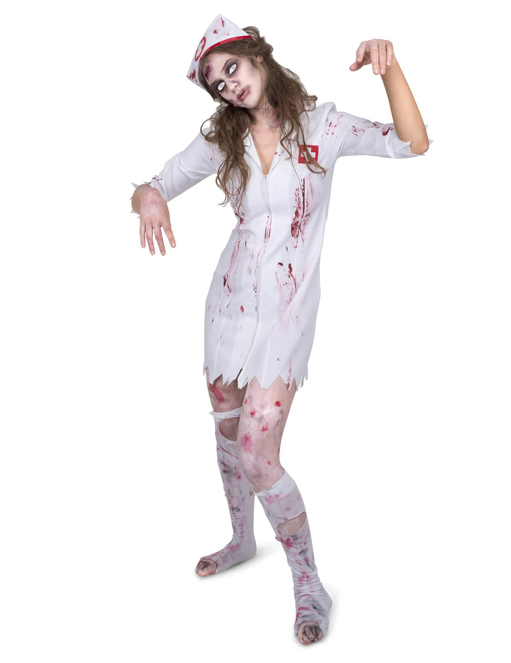 Costum de infirmieră zombificată pentru femeie alb însângerat cu bonetă