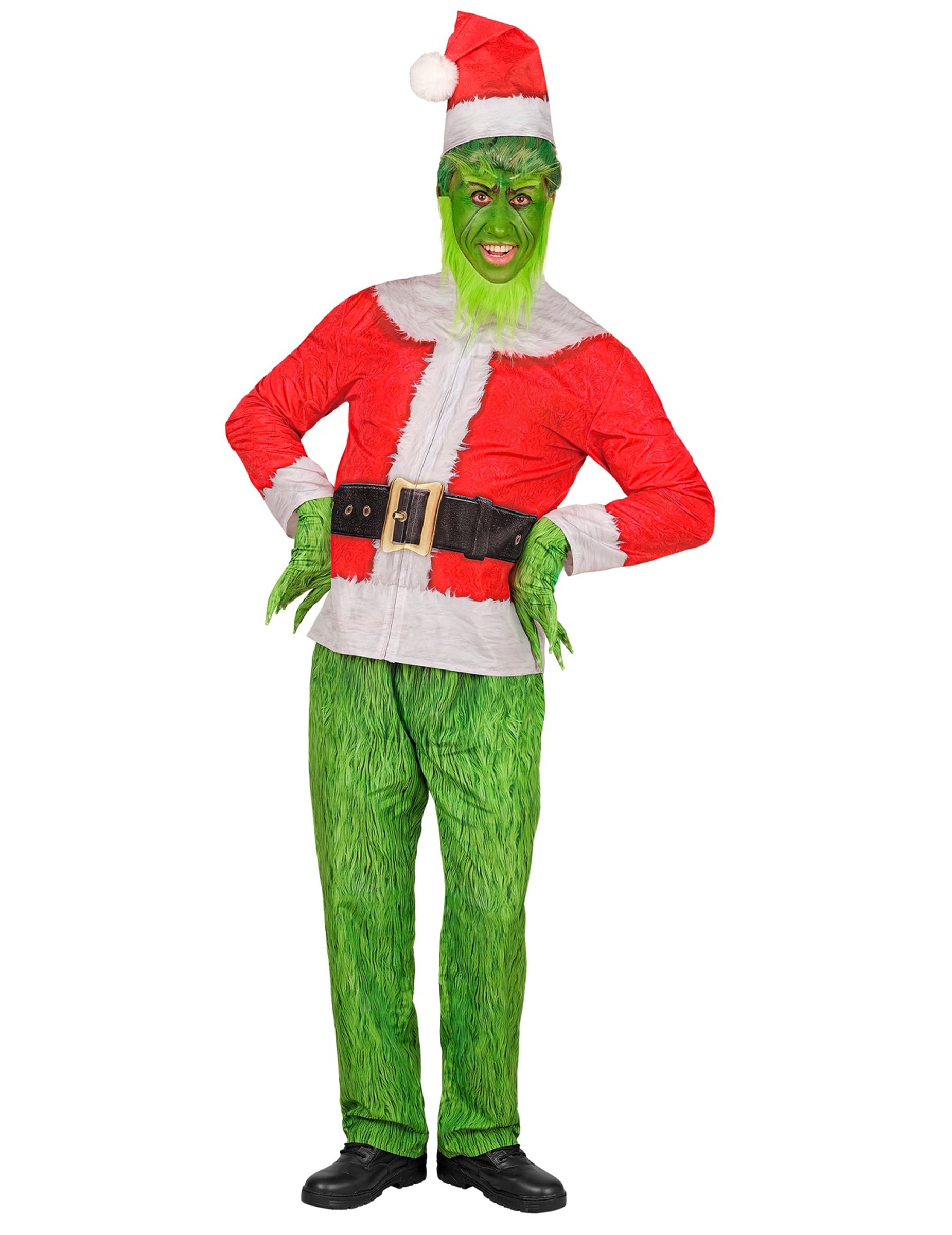Déguisement intégral monstre de Noël grincheux pour adulte vert et rouge avec bonnet