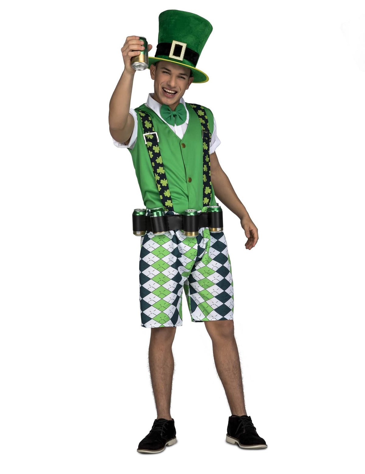 Costum irlandez cu curea de bere pentru adult verde cu vestă și bermude în carouri