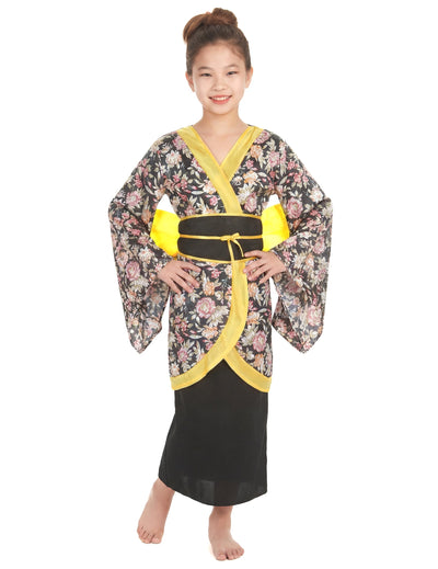 Déguisement Japonaise pour fille noir à fleurs avec ceinture jaune