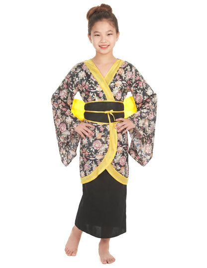 Déguisement Japonaise pour fille noir à fleurs avec ceinture jaune