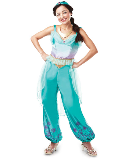 Déguisement Jasmine pour femme turquoise et violet avec détails dorés