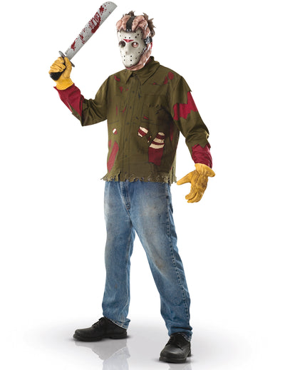 Costum Jason Vinerea 13 pentru bărbați cu cămașă verde ruptă și masca de hochei