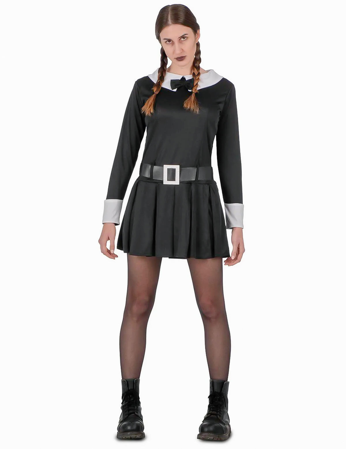 Déguisement jeune fille sinistre pour femme noir et blanc avec ceinture