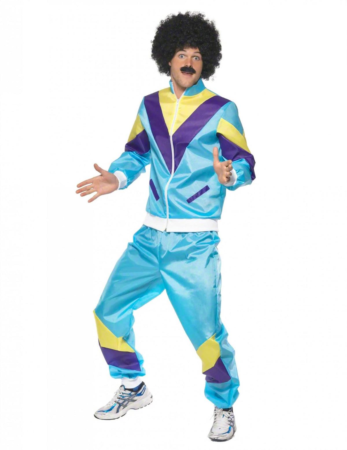 Costum de jogging anii 80 pentru adult albastru cu motive galbene și violete
