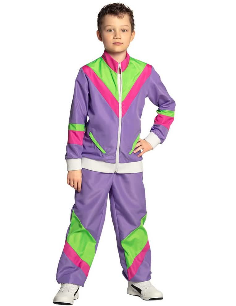 Costum de jogging retro pentru copil mov cu benzi verde fluorescent și roz