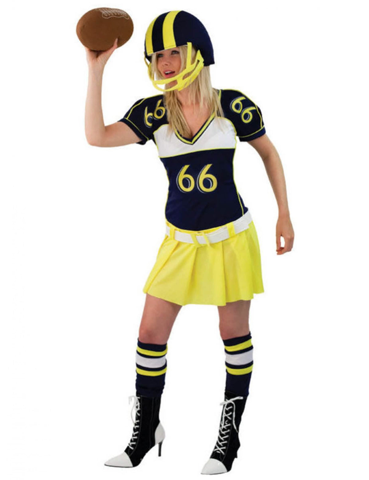 Costum de jucătoare de fotbal american pentru femeie galben și albastru cu cască și minge