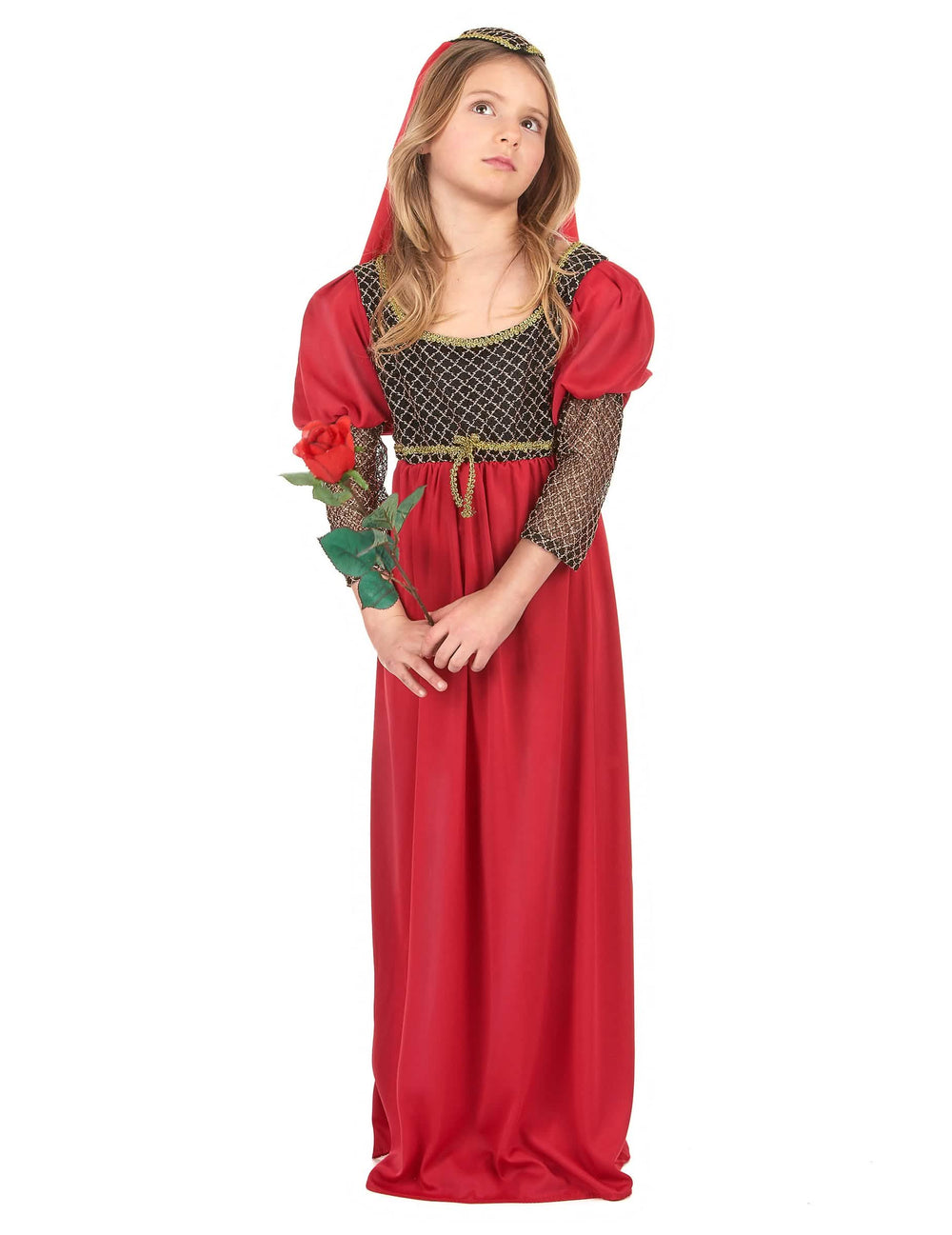 Déguisement Juliette pour fille rouge et noir avec coiffe dorée