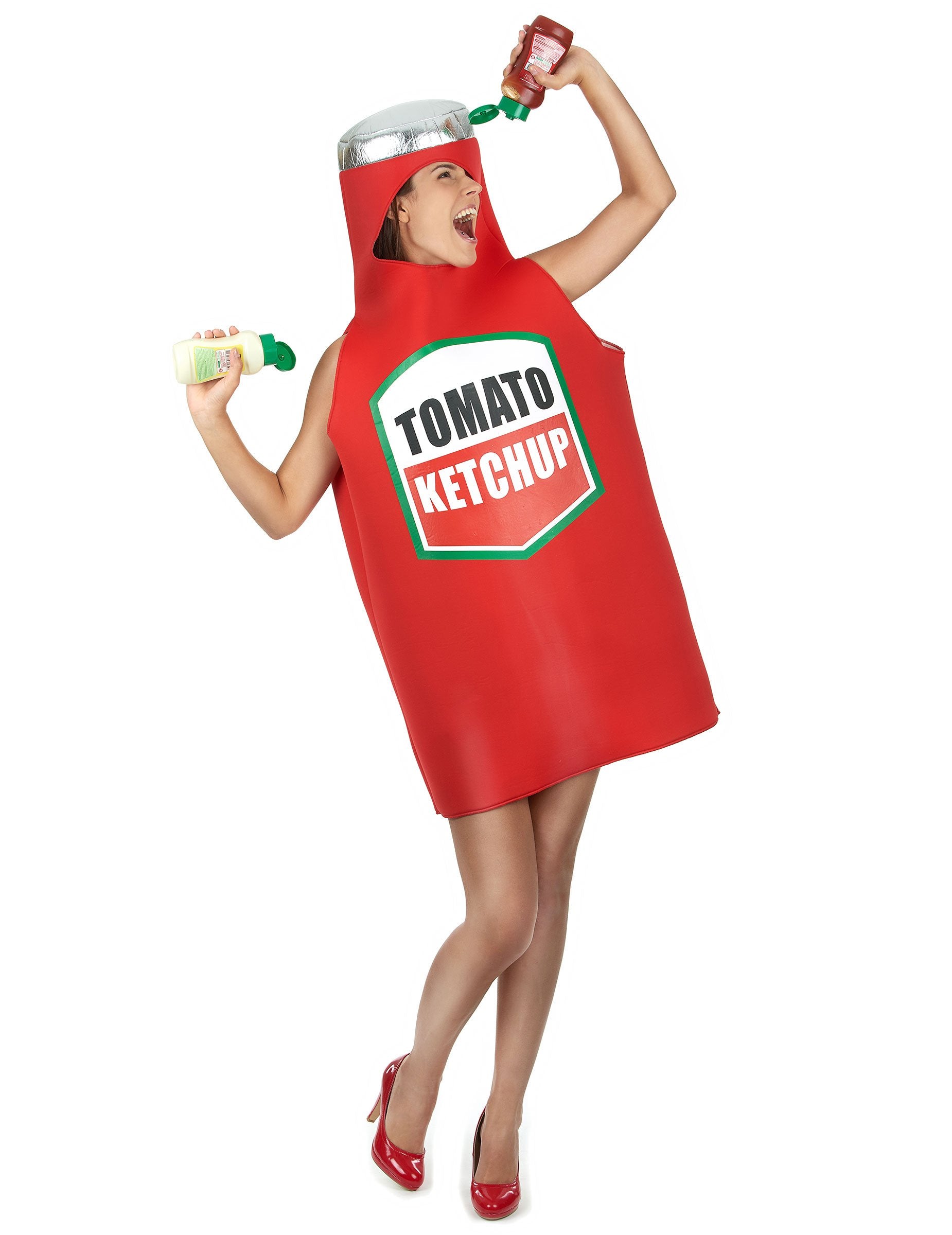 Vedere frontală în situație a costumului ketchup pentru adult