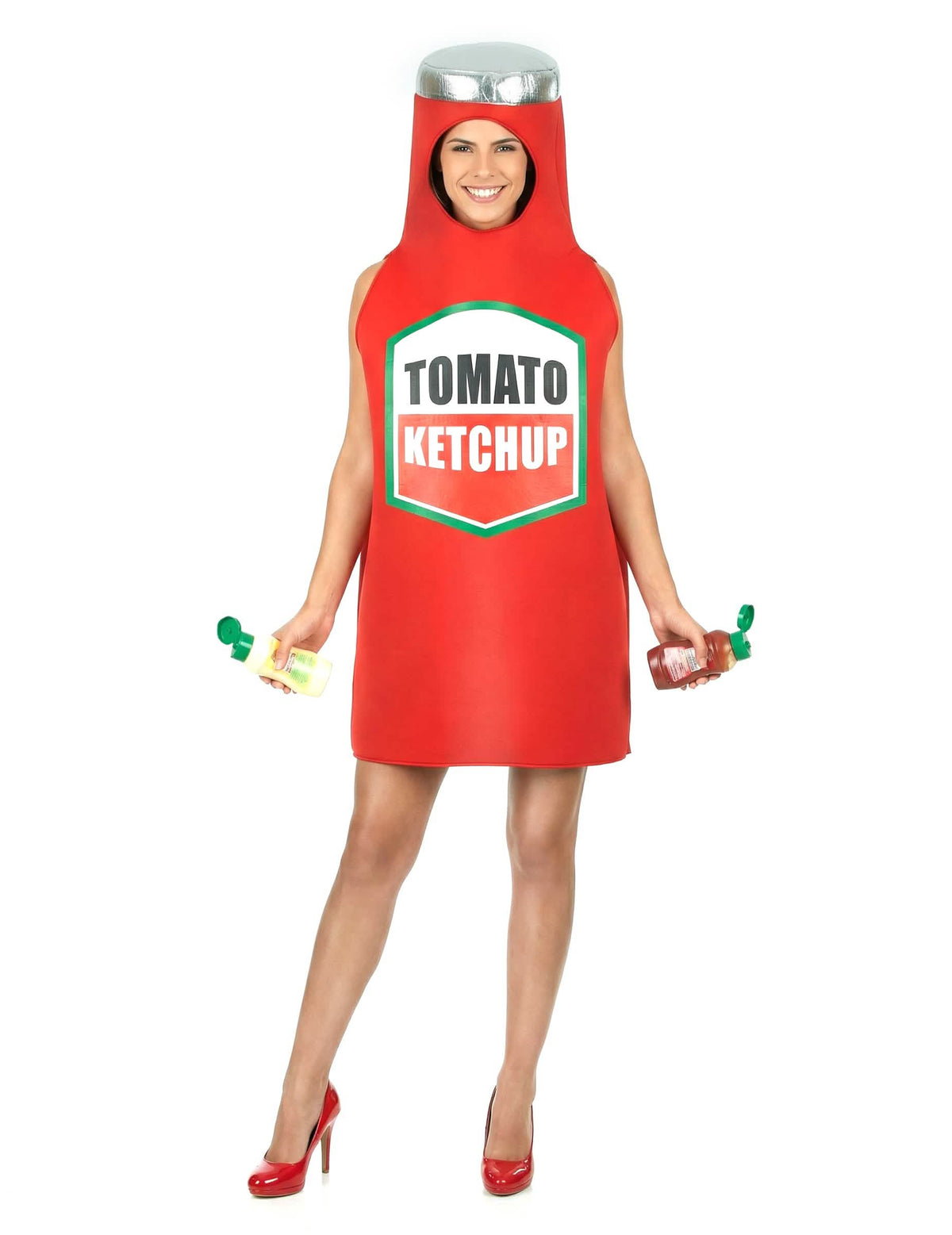 Vedere din față cu accesorii ale costumului de ketchup pentru adult