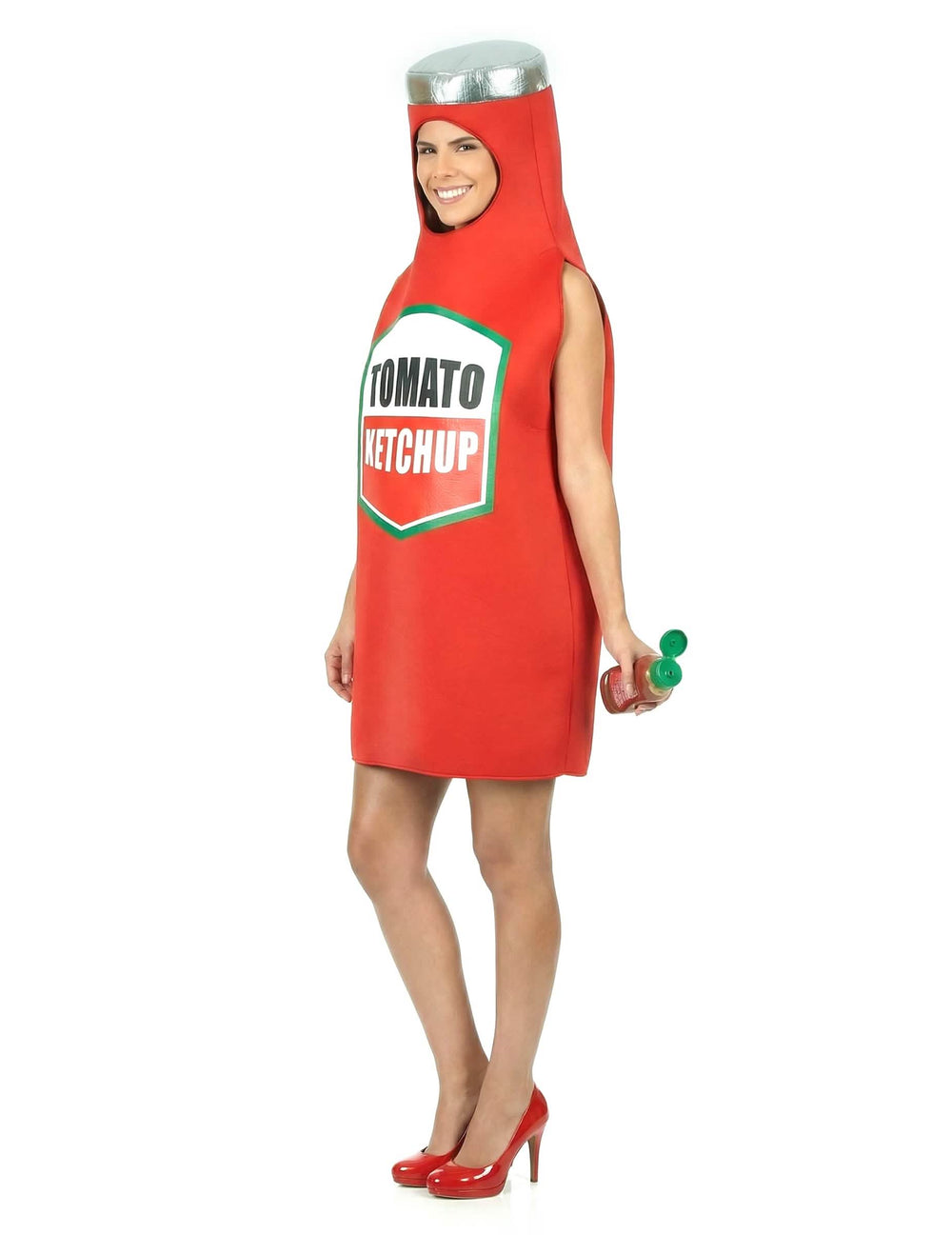 Vedere din trei sferturi a costumului de ketchup pentru adult
