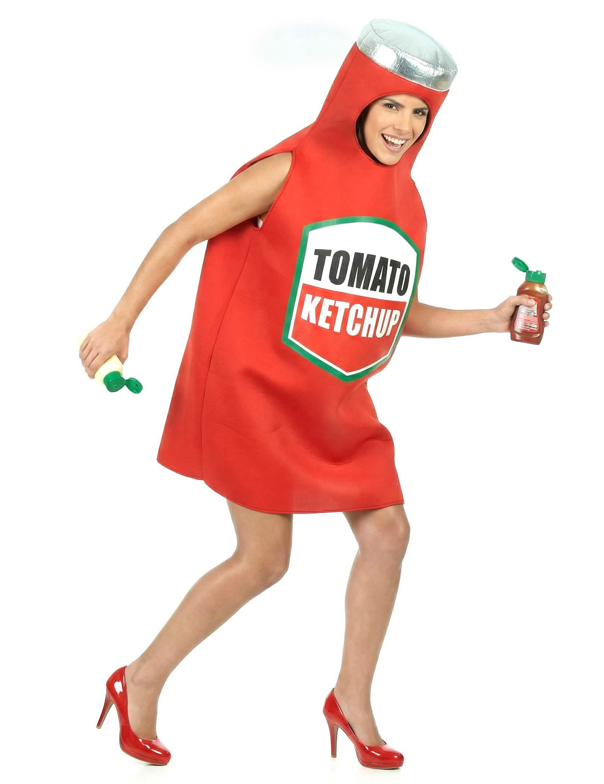 Vedere din față în acțiune a costumului de ketchup pentru adult