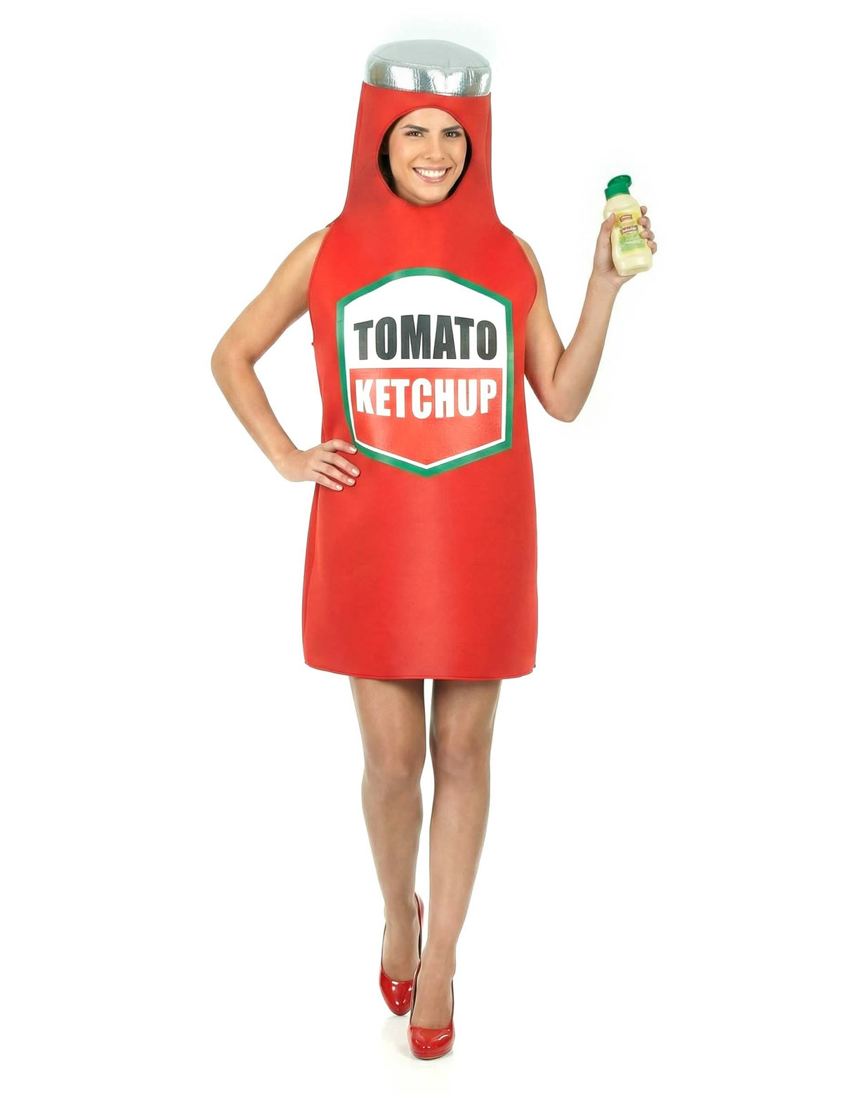 Vedere din față cu sticlă de sos a costumului de ketchup pentru adult
