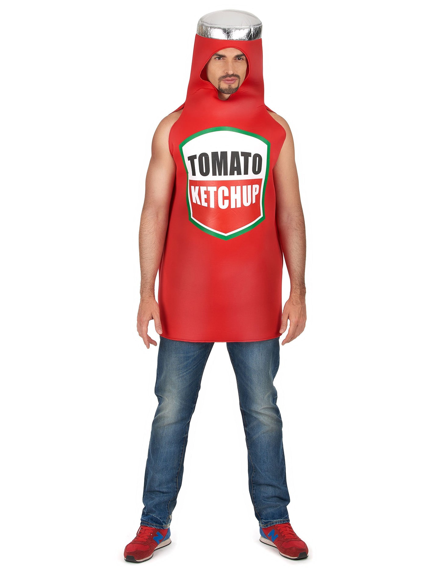 Costum ketchup pentru adult roșu cu etichetă Tomato Ketchup și capac argintiu