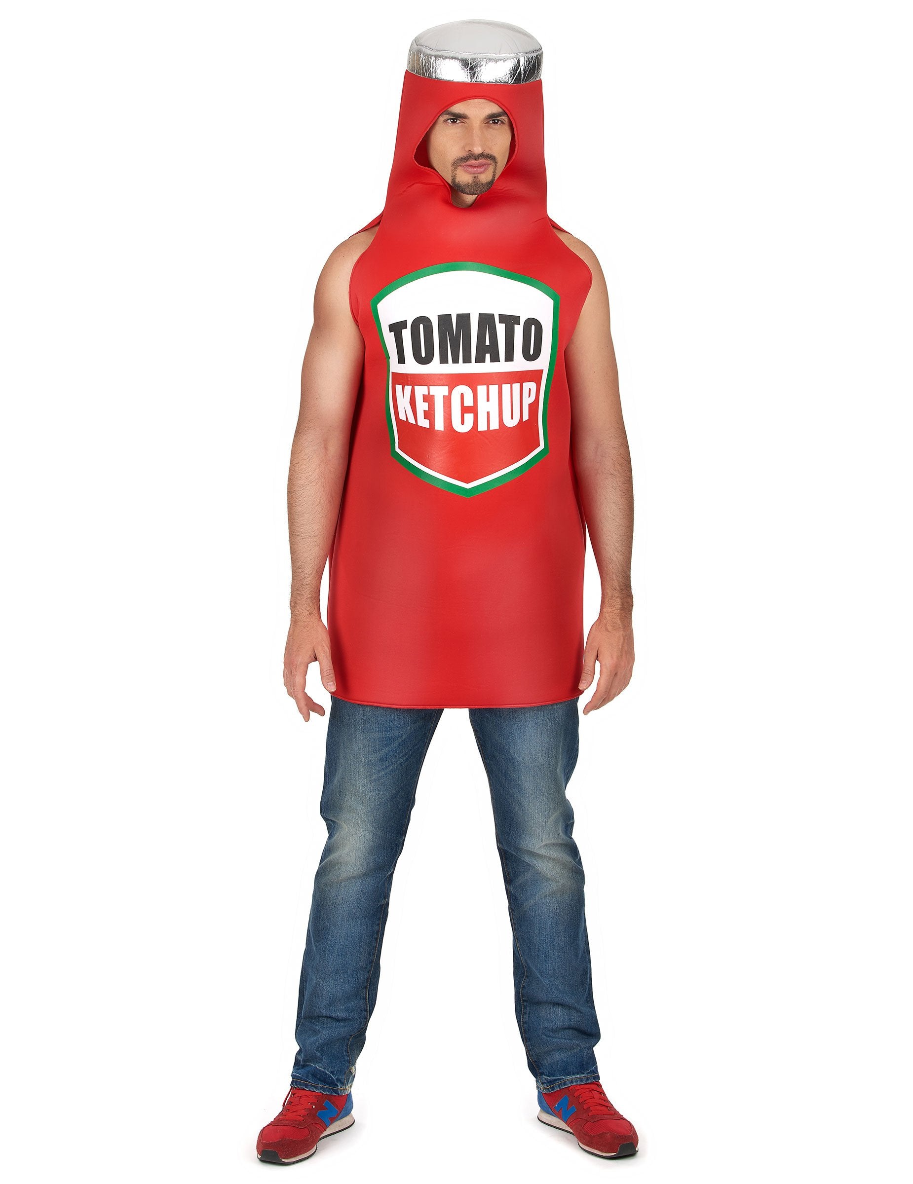 Costum ketchup pentru adult roșu cu etichetă Tomato Ketchup și capac argintiu
