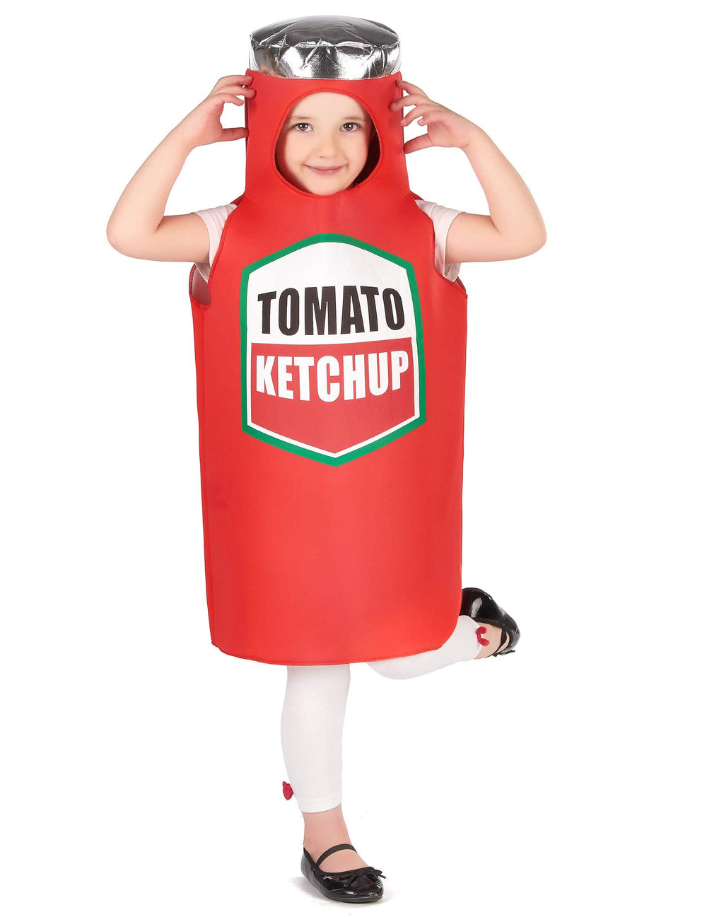 Vedere de ansamblu din față a costumului de ketchup pentru copil