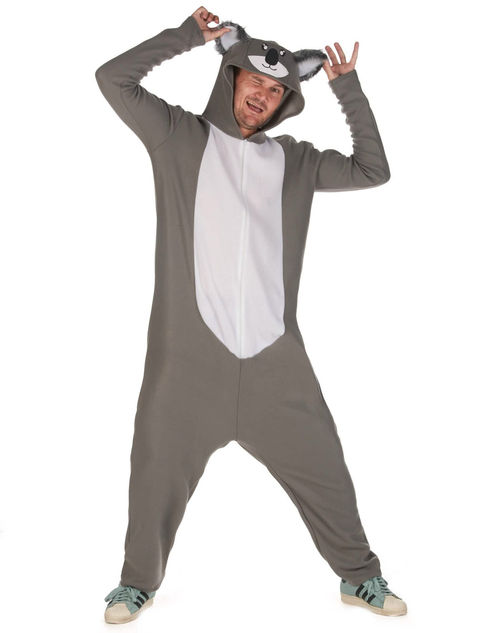 Costum koala pentru bărbat gri și alb cu glugă