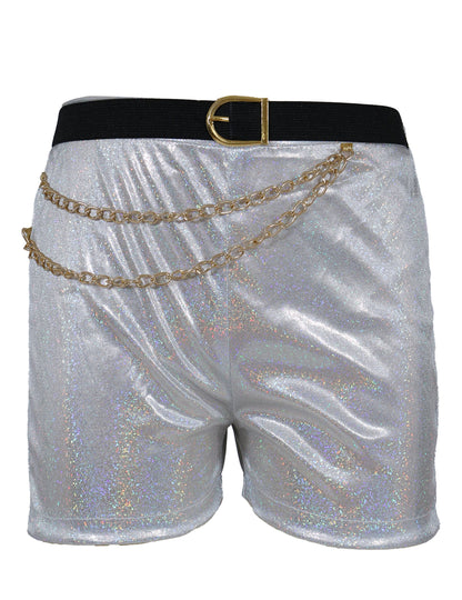 Short iridescent argenté avec ceinture noire et chaînes dorées du déguisement de star de K-pop