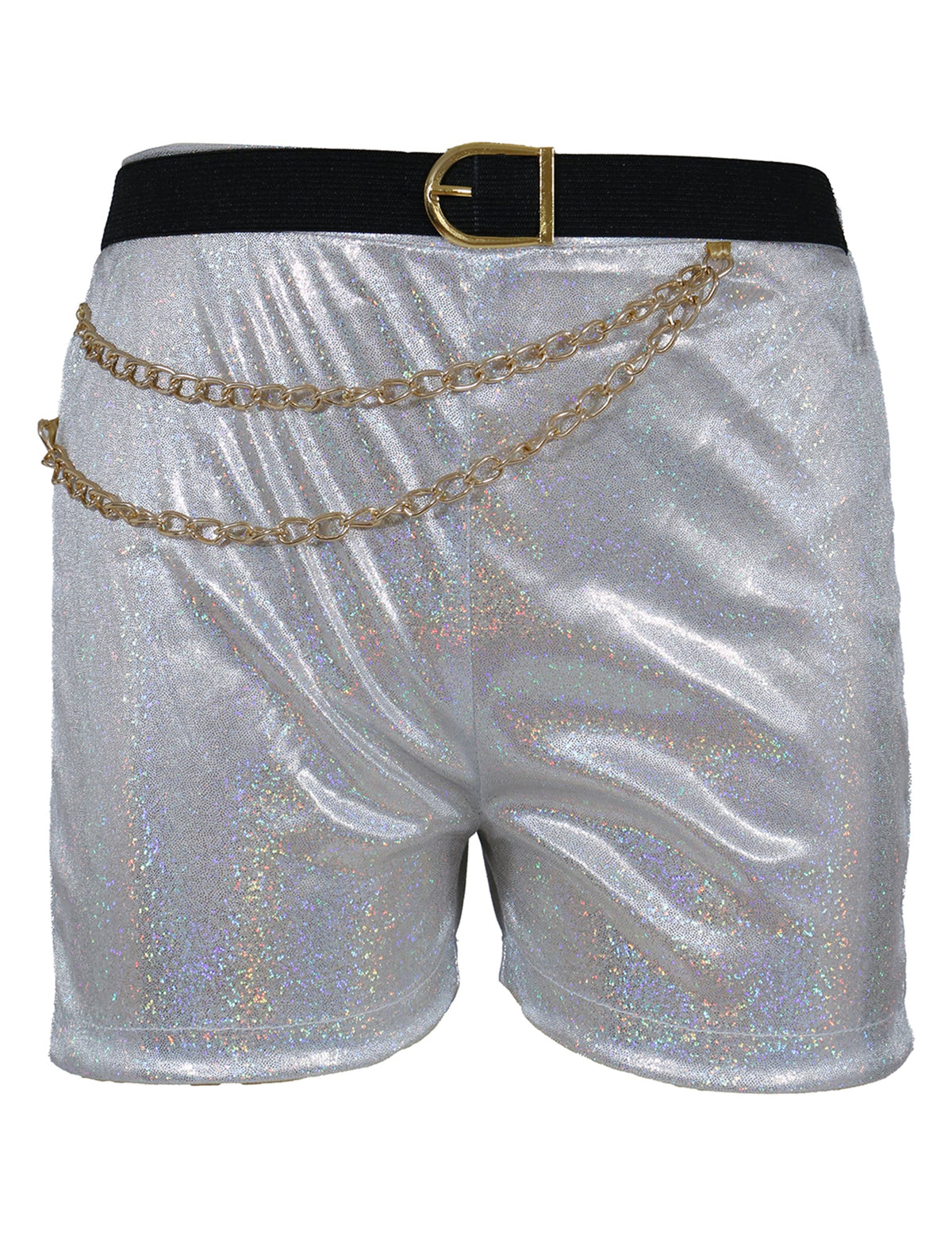 Détail du short avec ceinture et chaînes dorées du déguisement Kpop star iridescent pour fille
