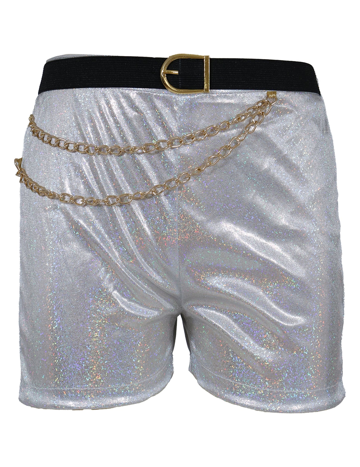 Détail du short avec ceinture et chaînes dorées du déguisement Kpop star iridescent pour fille