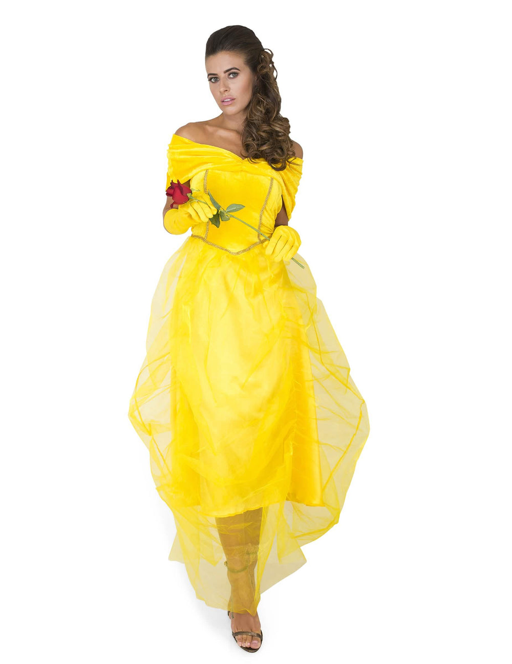 Costum de prinsesă bella pentru femeie galben cu mănuși și roșu roz