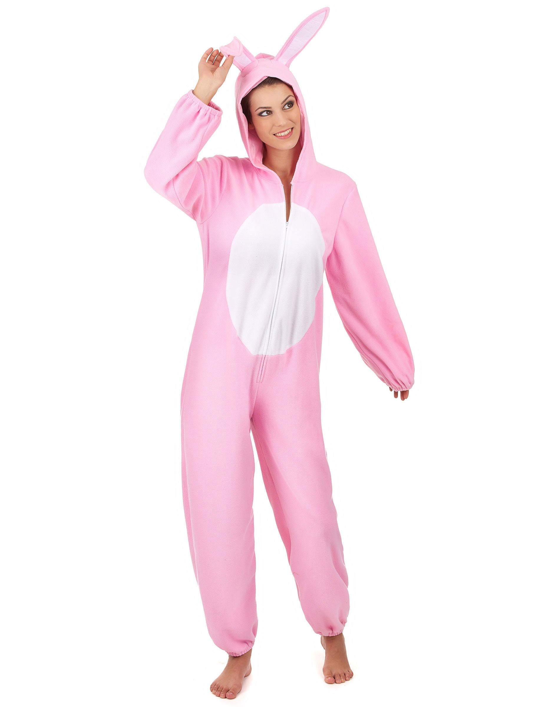 Déguisement de lapin pour femme rose avec ventre blanc et capuche à oreilles