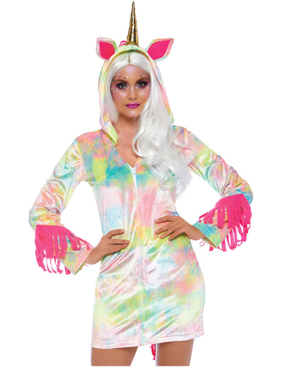 Costum de unicorn fermecat pentru femei, multicolor pastelat, cu sclipici și corn aurit