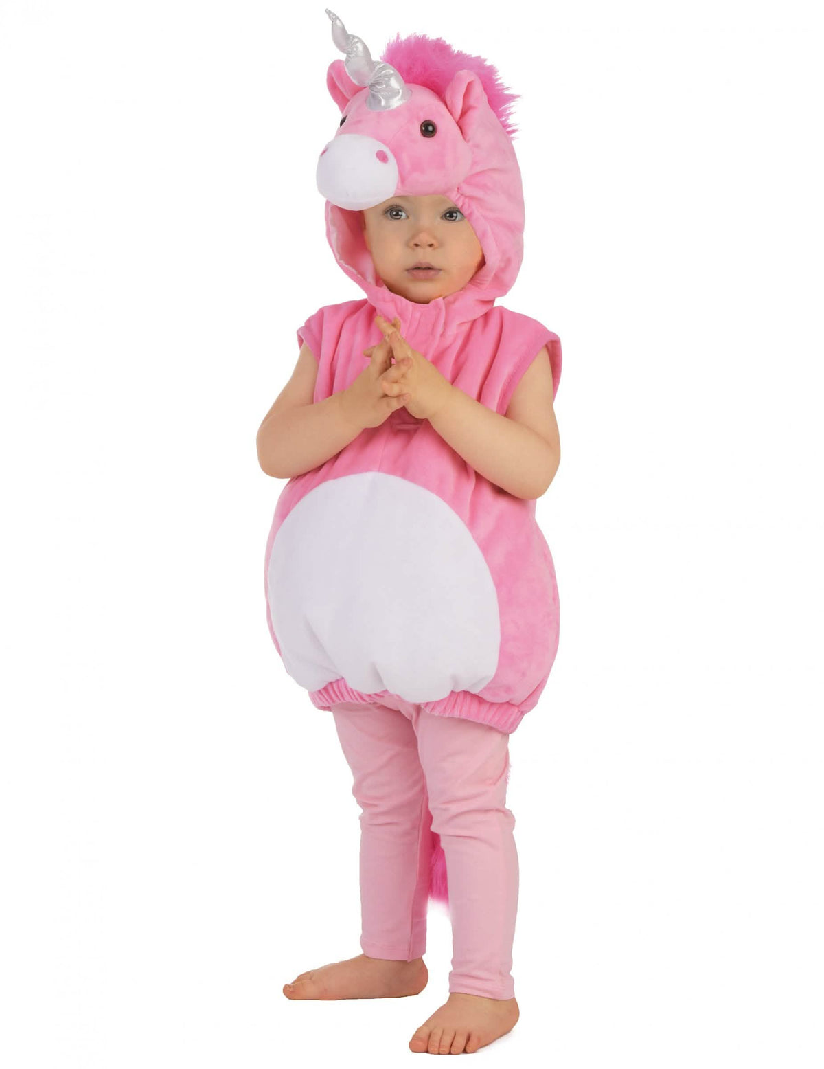 Costum de unicorni pentru copil roz cu glugă pufoasă și corn argintiu