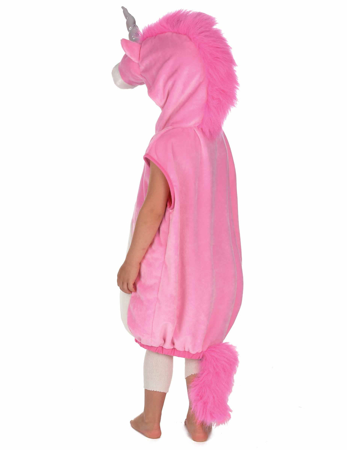 Vedere din spate cu coama și coada roz ale costumului de unicorni