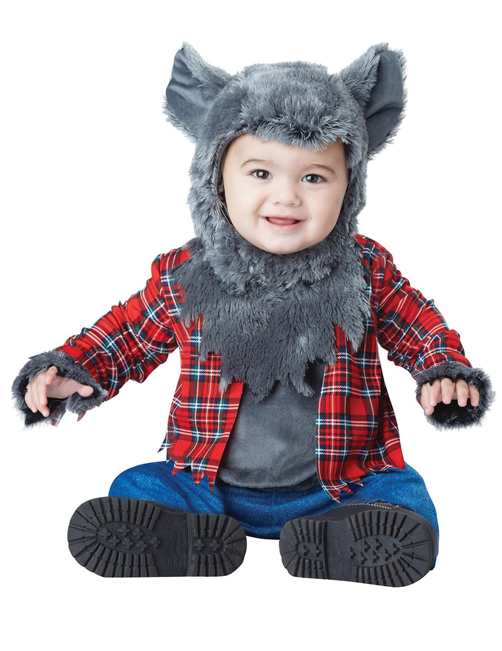 Costum de lup garou lux pentru bebeluș roșu în carouri și gri păros