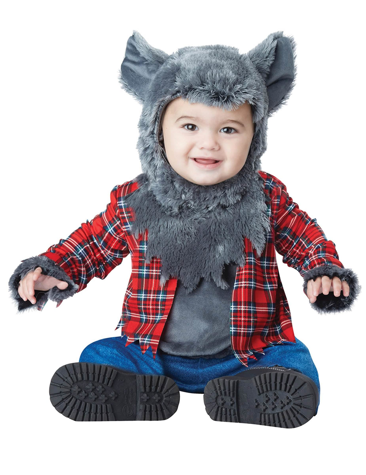 Costum de lup garou lux pentru bebeluș roșu în carouri și gri păros