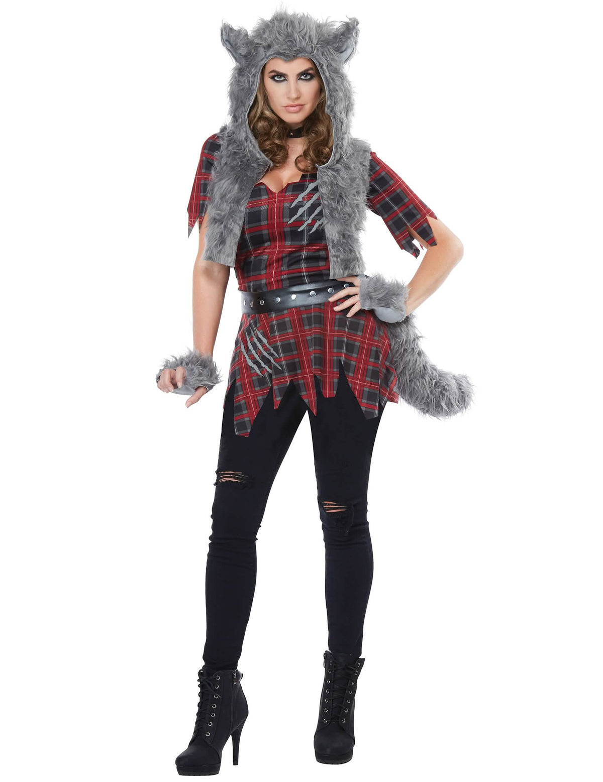 Costum de loup-garou lux pentru femeie roșu și gri cu glugă din blană artificială