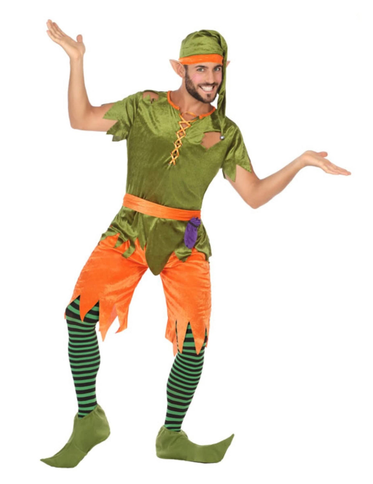 Costum de lutin al pădurii pentru bărbat verde și portocaliu cu bonetă și colanți dungiți