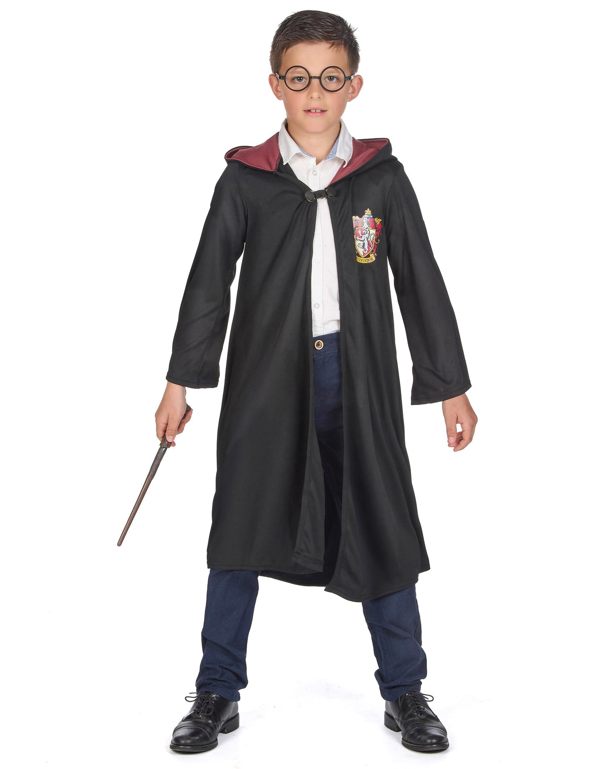 Vue de face avec baguette et lunettes du déguisement luxe robe de sorcier Gryffondor Harry Potter